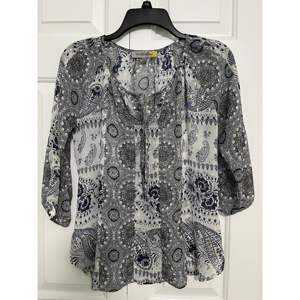 Figueroa & Flower PS Peasant Blouse 3/4 Sleeve Paisley Chiffon Gold India